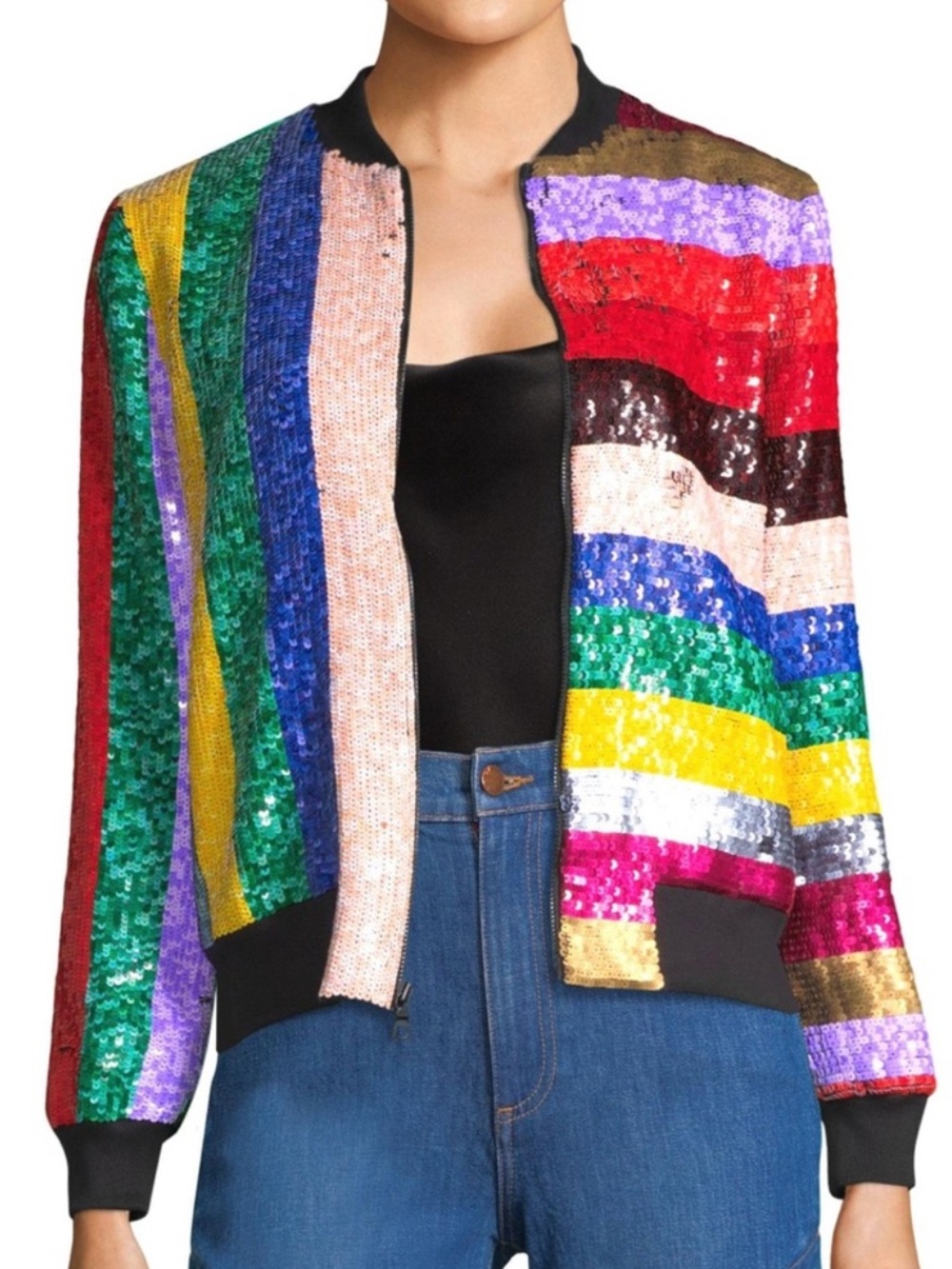 Alice + Olivia Queen Sequin Rainbow Bomber Jacket Saks Stonewall Size Small